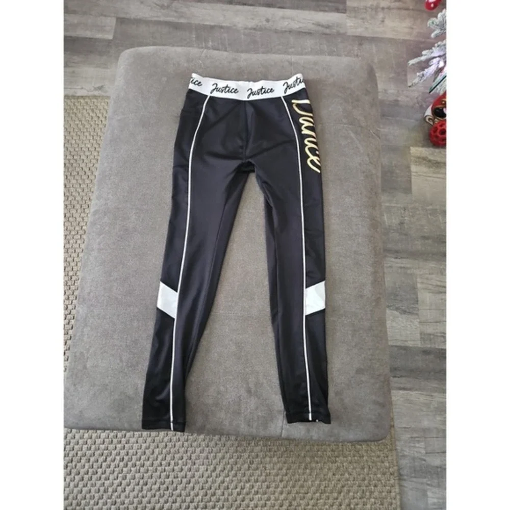 Justice Girls Black Dance Leggings Size L 12/14 Gold Script Graphic Pockets‎